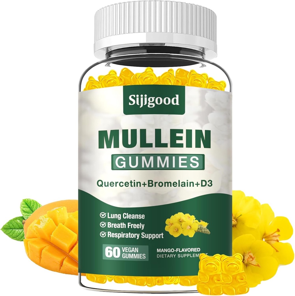 Mullein Gummies for Lungs, Mullein Leaf Extract Supplement for Digestive & oddechowe i immunologiczne Wsparcie z Bromelain, Quercetin, Mango Flavor, 60 Count