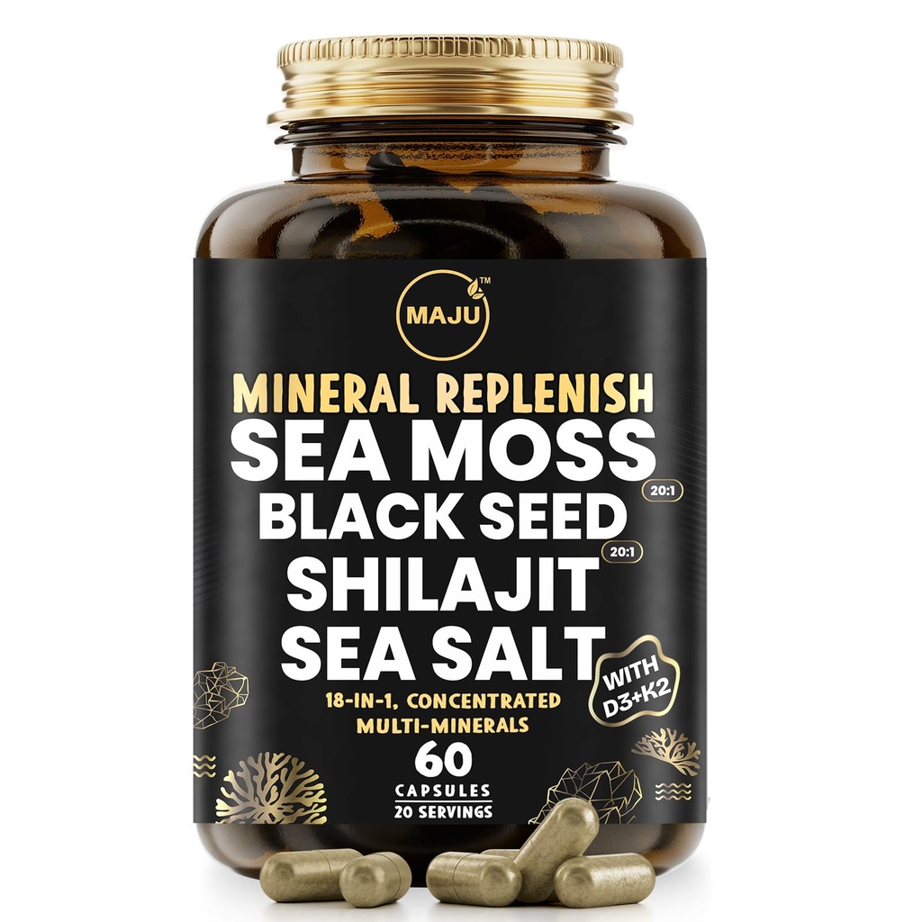 Maju Superfoods 18- in-1 Sea Moss, Black Seed, Shilajit, Sea Salt + D3 & K2, Skoncentrowane ekstrakty, Ślady wielu minerałów kapsułki, dla mężczyzn i kobiet Suplementy elektrolitów mineralnych