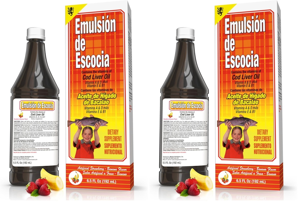 EMULSION DE ESCOCIA Truskawka / Banana 6.5 Oz. Olej z wątroby dorsza (opakowanie po 2)