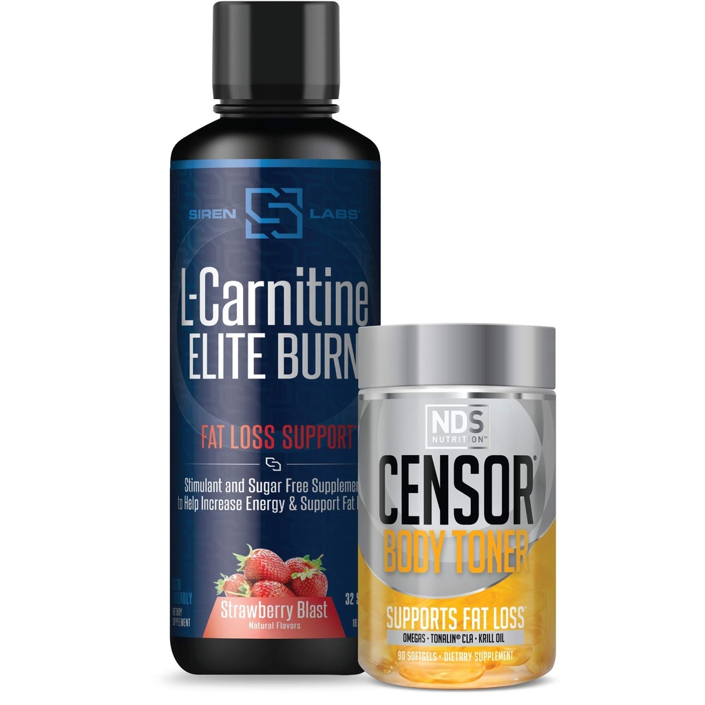 Censor NDS Nutrition Fat Loss- Body Toner z CLA (90 Softgels) & Siren Labs L- Carnitine Elite Burn Fat Loss Support Strawberry Blast 3000 mg (32 Służenia)
