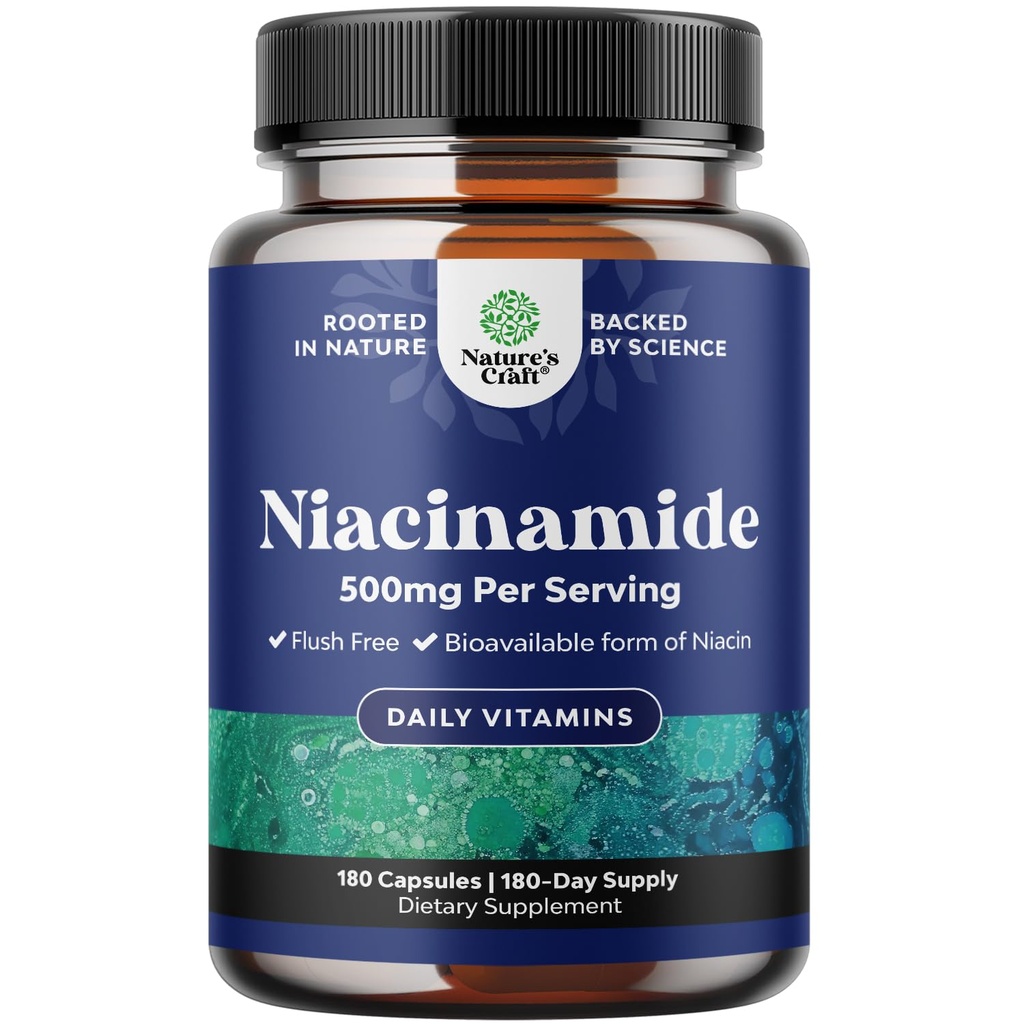 Niacinimide 500mg Capsules, Vitamin B3 NiacinamidaSupplement - 180 Count