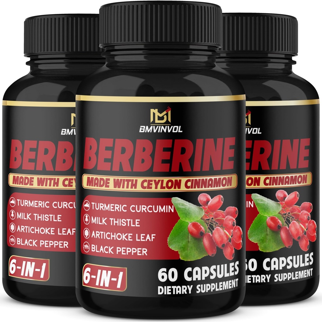 (3 opakowania) Berberine Supplement Plus Ceylon Cynamon, Otyłek mleczny, Kurkuma, Liść karczocha, Czarny Peppe - 6 Miesiące Dostawy - 180 Kapsułki Razem