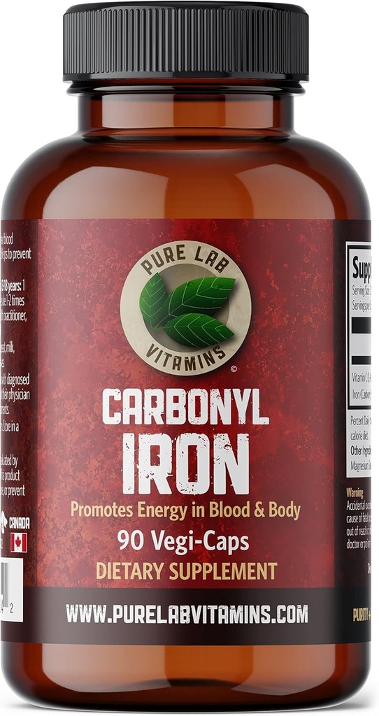 Pure Lab Witaminy Carbonyl Żelazo - 90 Wegan Czapki Unikalne Formulacja Żelazo Metaliczne z VIT C, Superior Biodostępność - Non- Constipting, Wspiera Czerwona Krew Formacja Wykonana w Kanadzie