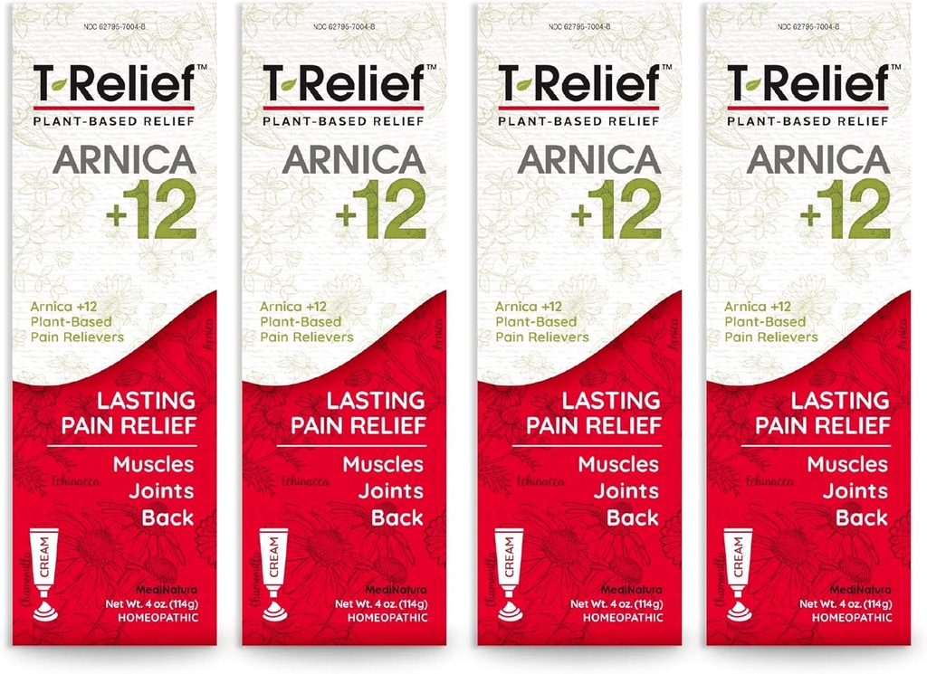 T- Relief Arnica + 12 Cream Natural Relieving Actives for Back Pain Joint Soolness Aches & Stiffness, Whole Body Fast Assing Relief for Women & Men - 4 oz (4 opakowania)
