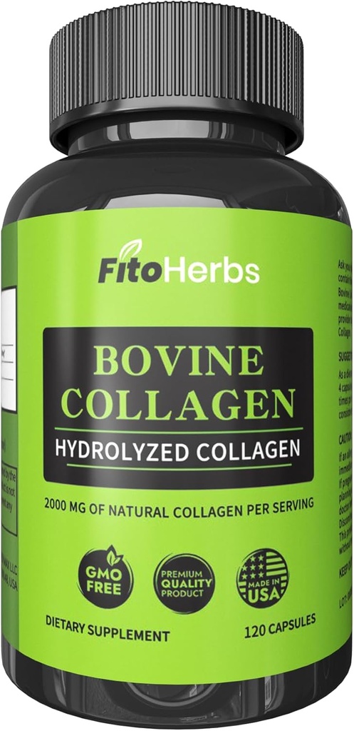 Vegan Bovine Collagen Kapsułki - Potężne suplementy dla mężczyzn i kobiet - Zhydrolizowane Bovine Collagen Peptydes Suplement dla Joint, Nerve & Bone Support - Pasza trawiasta, Non-GMO - 120 Kapsułki