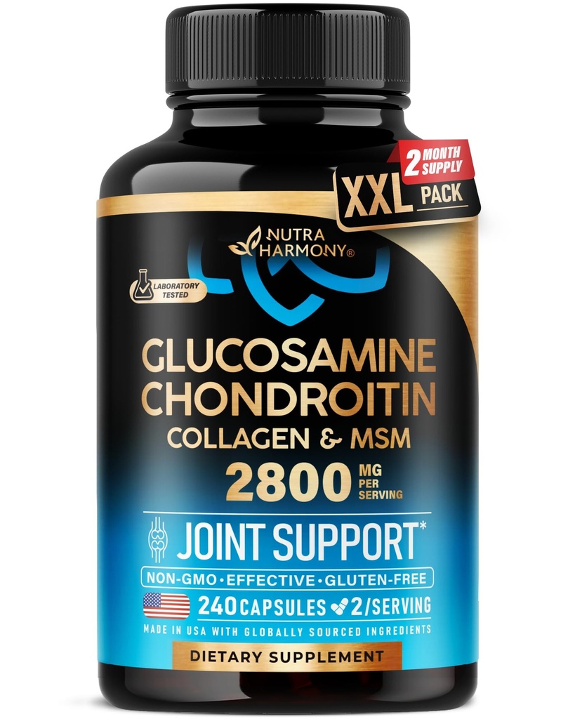 Glukozamina Chondroitin MSM Kolagen 124; Suplement do wspólnego wsparcia 2800 mg 124; Made in USA 124; FSA Zatwierdzone produkty 124; Elastyczność Nutritional Vitamin 124; dla mężczyzn i kobiet, 240 Kapsułki