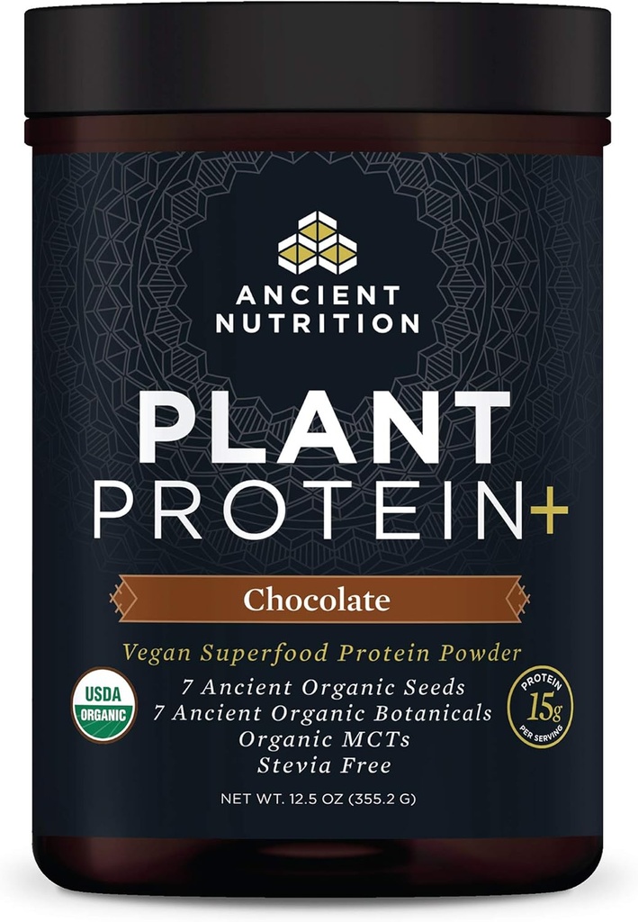 Ancient Nutrition Plant Based Protein Powder, Białko roślin +, Czekolada, Organic Vegan suplement spożywczy, 15 g białka na serwowanie, Gluten Free, Paleo Friendly 12 Serving