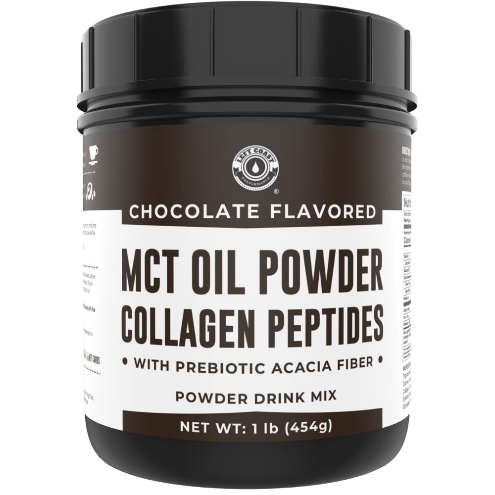 MCT Oil Powder with Acacia Fiber & Collagen Peptides – Prebiotic Collagen Protein, 9g MCTs from Coconuts, Sugar Free Keto Coffee Creamer – Grass Fed, Chocolate, Non-GMO, Gluten Free, 16 oz