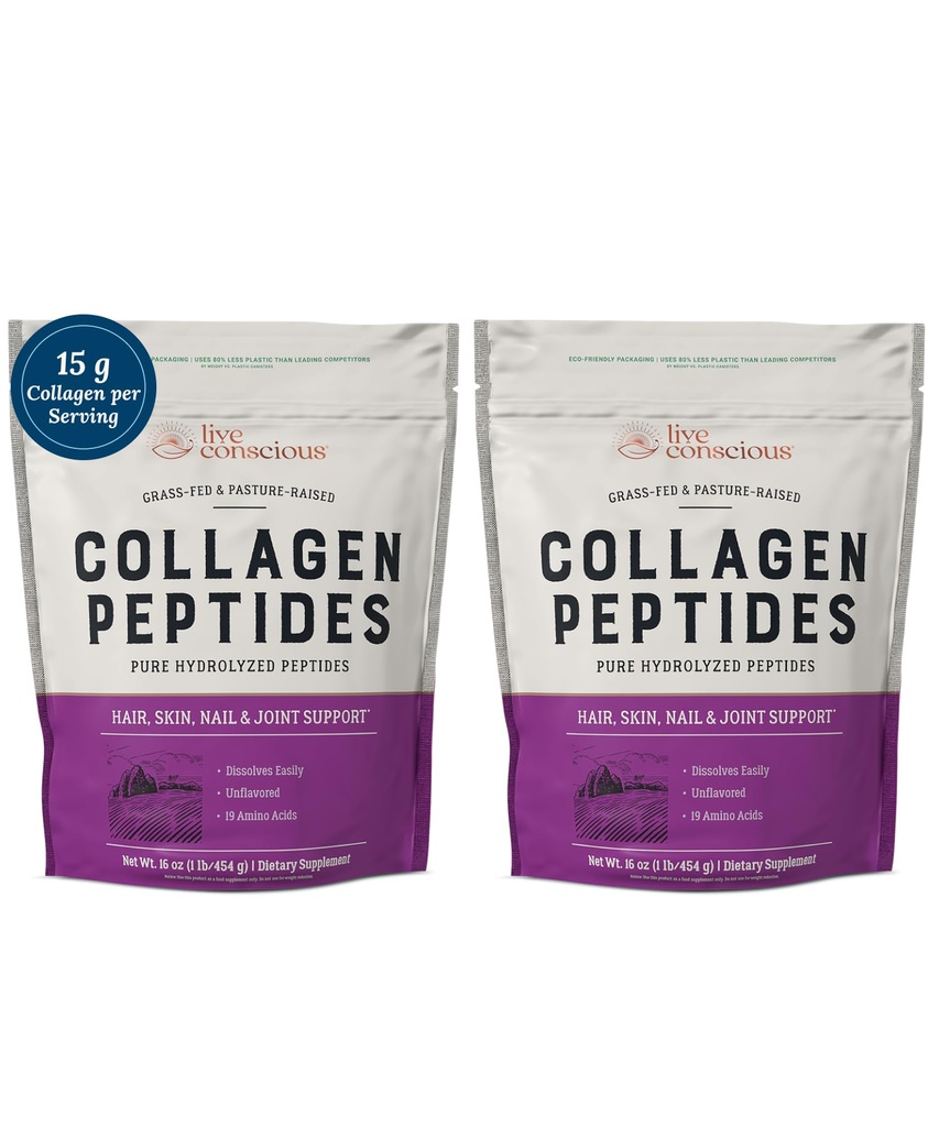 Live Conscious Collagen Peptydes Powder - Włosy, Skóra, Nail i Joint Support - Typ I & III Collagen - Naturally - Sourced Hydrolyzed Protein - 16oz (2- Pack)