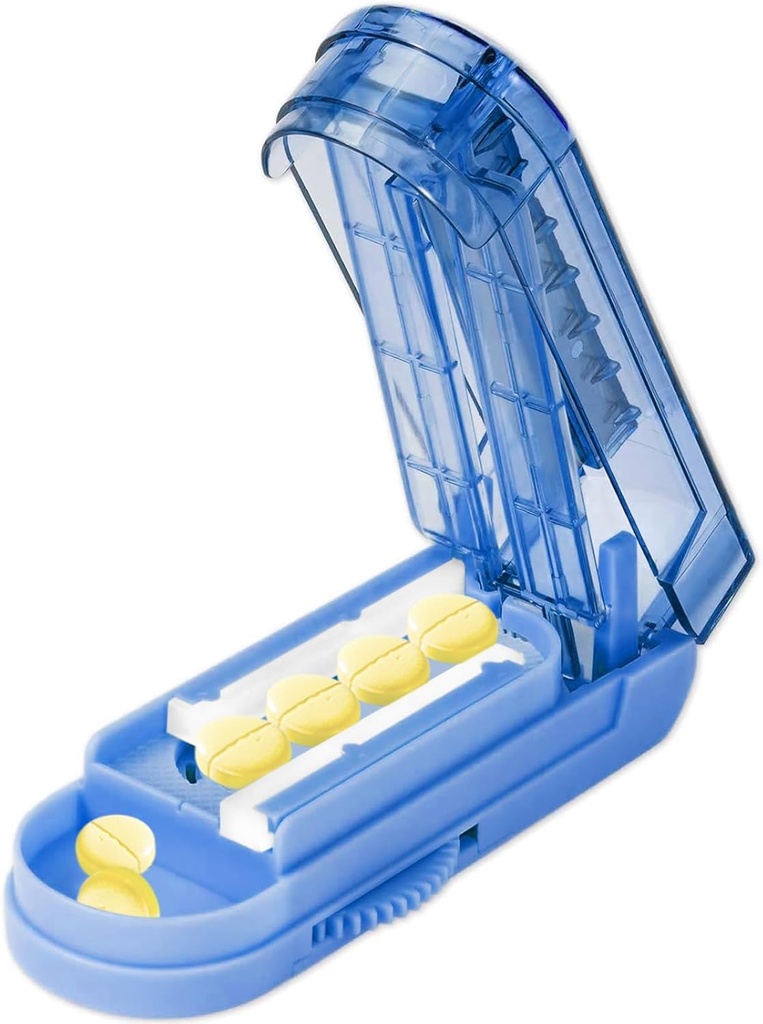 Pigułka Cutter Splitter dla małych i małych pigułek, Regulowany Splitter Tablet dokładnie przecina wiele tabletek na raz. Sharp Blade z Safety Guard. (Klein Blue)
