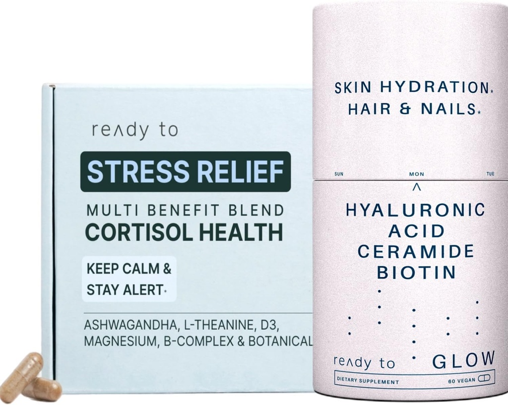 Skin & Stress Relief Zestaw 124; Cortisol Health & Anti-Aging Suplementy z Ashwagandha, Kwas hialuronowy, Ceramidy, Biotyna i przeciwutleniacze 124; Spokojne, Wsparcie skóry i włosów