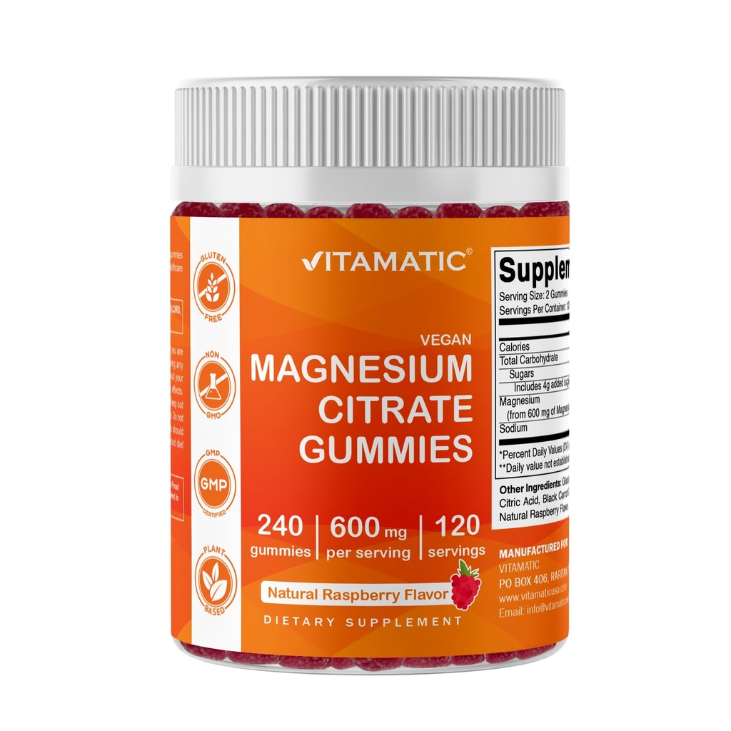 Cytrynian magnezu vitamatic Gummies 600mg na serwowanie - 240 Wegan Gummies - Naturalny aromat malinowy - Wysoka absorpcja suplement magnezu - Wspiera Nerve, kości i mięśni zdrowia
