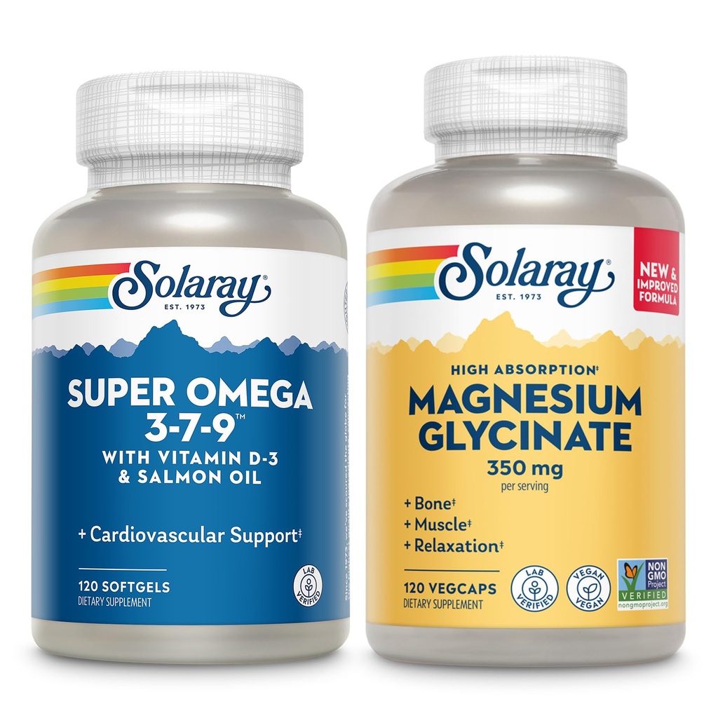 SOLARAY Super Omega 3, 7, 9 i Magnezu Glycinate Bundle - podstawowe tłuste kwasy i chelatowany magnez Gisglicynian dla zdrowego serca, kości i wsparcia relaksacyjnego - 120 Softgels, 275 VegCaps