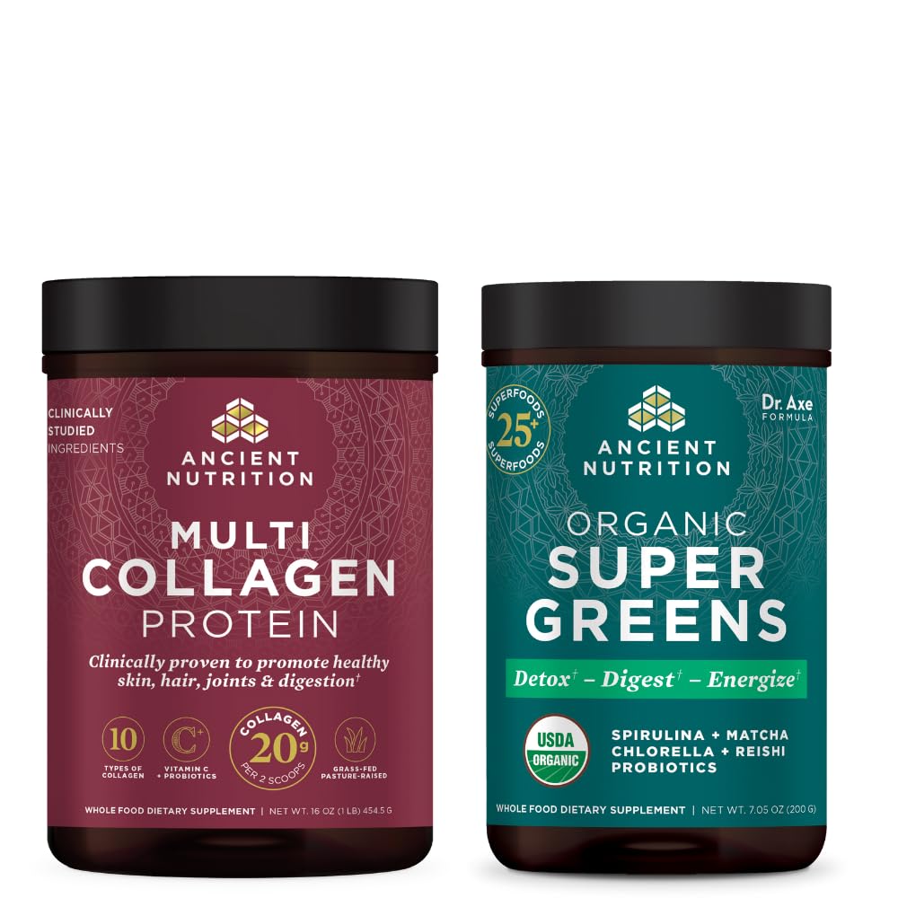 Ancient Nutrition Organic SuperGreens Proszek, 25 Słupki + Powder protein multi colagen, Unflavored, 45 Słupki