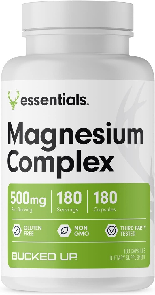 Suplement Magnezu 500 mg kapsułki 124; Kompleks magnezu z glicynatem, cytratem i tlenkiem 124; 3 Aktywne formy magnezu 124; Easy on Stomach 124; Made in USA 124; Bucked Up Essentials (180 Servings)