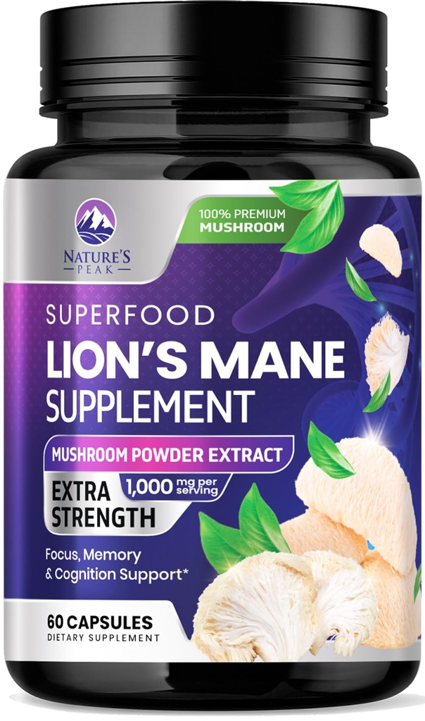 Lions Mane Mushroom Capsules 10,000 mg - Lion 's Mane Supplement Capsules for Memory and Focus Support, Mózg, Immune Health Support, Wegan, Butelled in USA, Lions Mane Mushroom Powder Extract, 60 Count