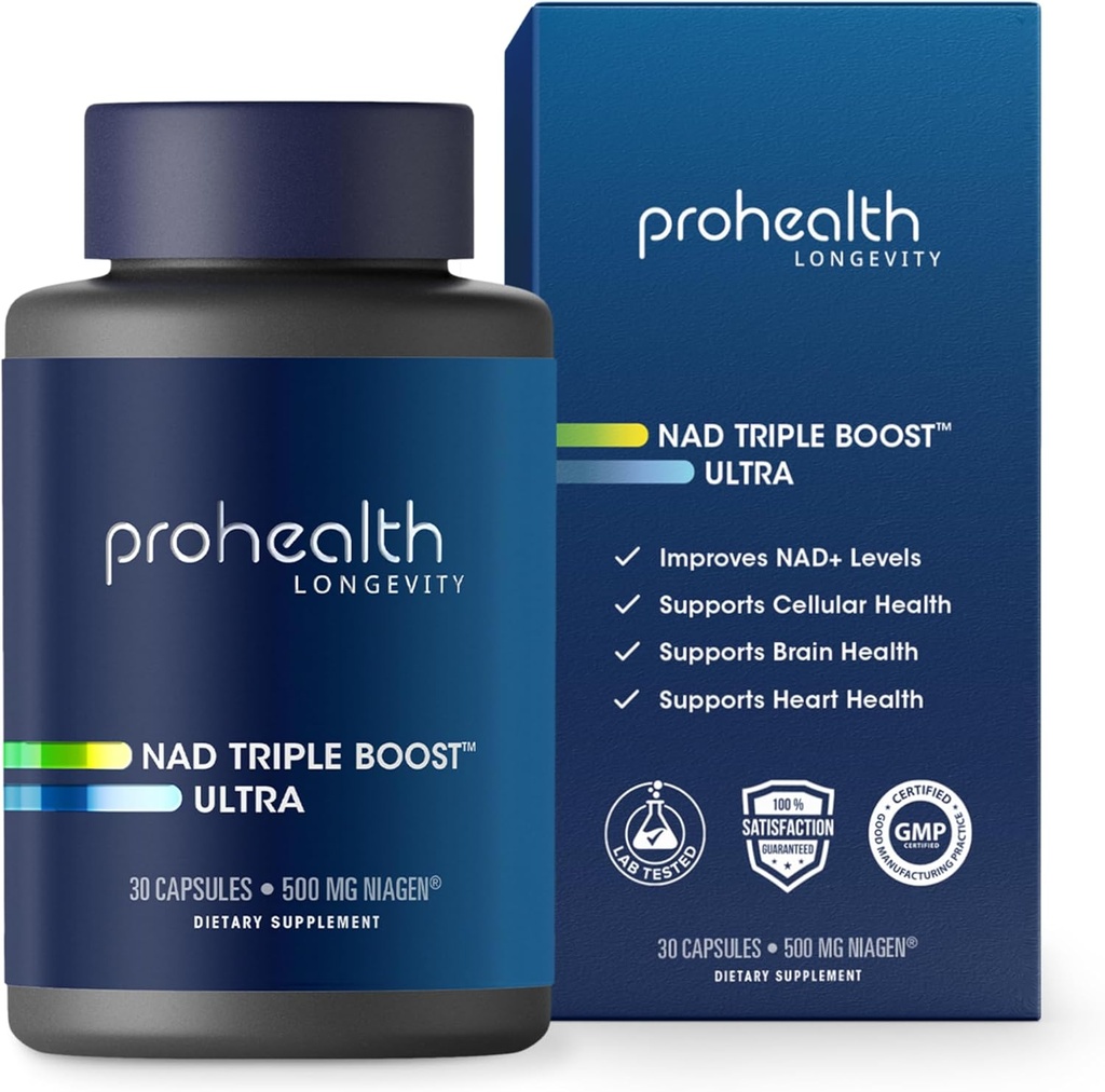 ProHealth NAD Triple Boost Ultra + 500mg Niagen NR. 3X NAD + Optimizer Plus Apigenin, PQQ, Quercetin. Promotes długowieczność, Heart and Brain Health, Aktywuje Sirtuins do naprawy komórek (30 Służenia)
