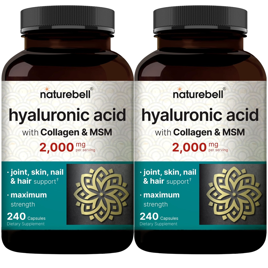 NatureBell 2 Pack Hyaluronic Acid Supplements 2000 mg Acid 124; 480 Total Capsules, z MSM & Zhydrolizowany Kolagen bydlęcy - 3 w 1 Wsparcie dla Hydration skóry, Wspólne smarowanie, Włosy i Zdrowie oczu