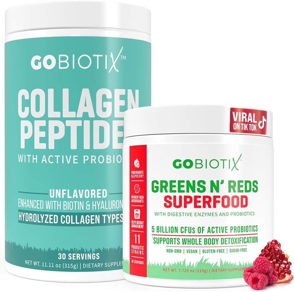 GOBIOTIX Super Zielone & Kolagen Bundle - Vitality Boost z Spirulina organiczna i włosy - Skin- Nails Wsparcie - 30 Służenia Każdy