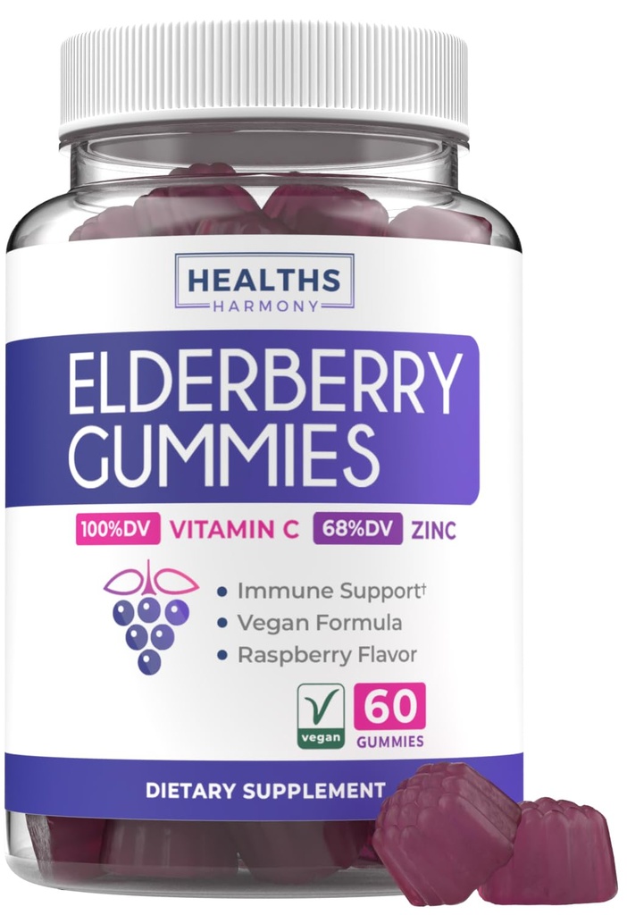 Wegański Sambucus Elderberry Gummies dla dorosłych - Czarna Witamina C i Gummeje cynku dla Codzienne i sezonowe Wellness - Pyszne i odżywcze Gummy wsparcia immunologicznego (1 Miesiąc dostaw)