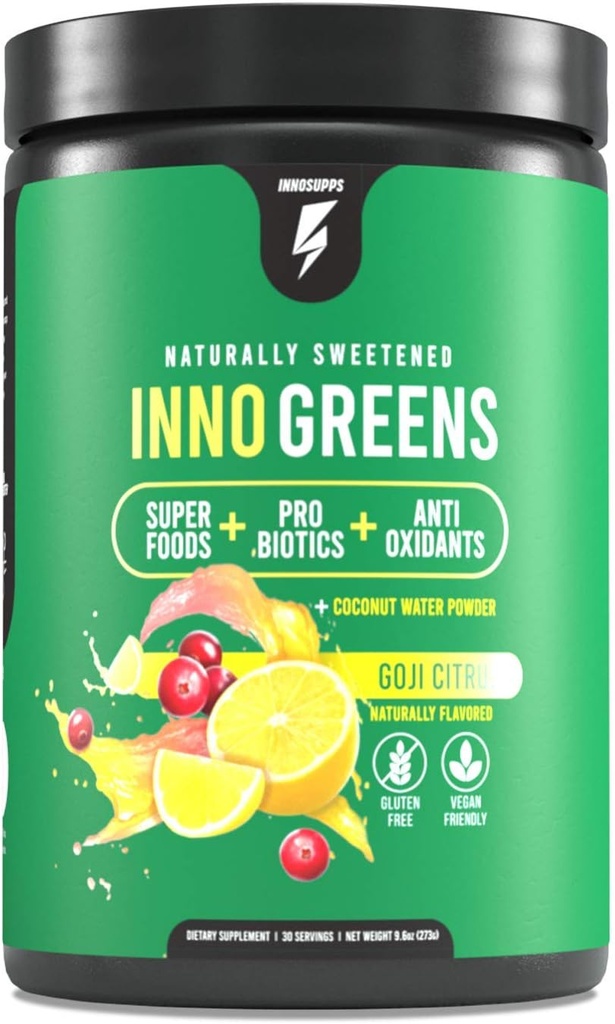 InnoSupps Inno Zieloni 124; 28 + Zieloni organiczni & Superfoods 124; Zaawansowane Prebiotyki + Probiotyki 124; Super Antioksydant + Hydration 124; Spirulina, Chlorella, Ashwagandha - 30 Sług (Goji Citrus)