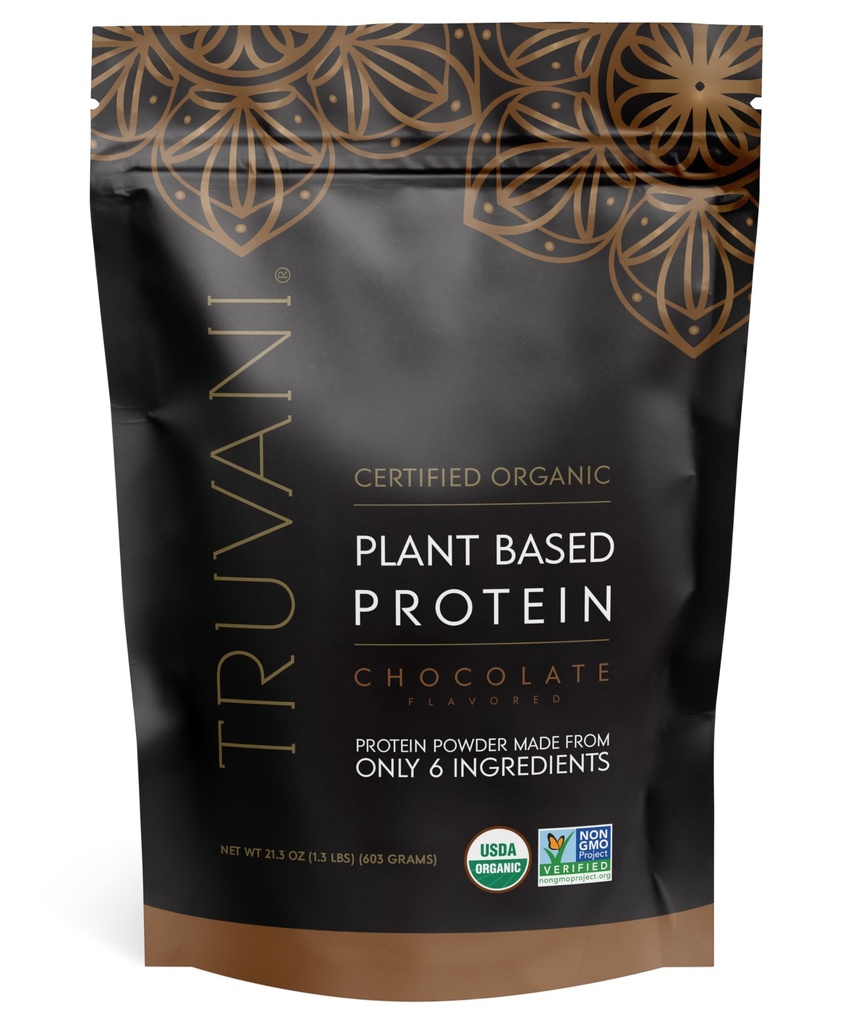 Proszek Truvani Vegan Pea Protein 124; Czekolada 124; 20g Organic Plant Based Protein 124; 18 Sług 124; Keto Nether124; Gluten & Dairy Free 124; Niskie węglowodory 124; Nie dodawany cukier