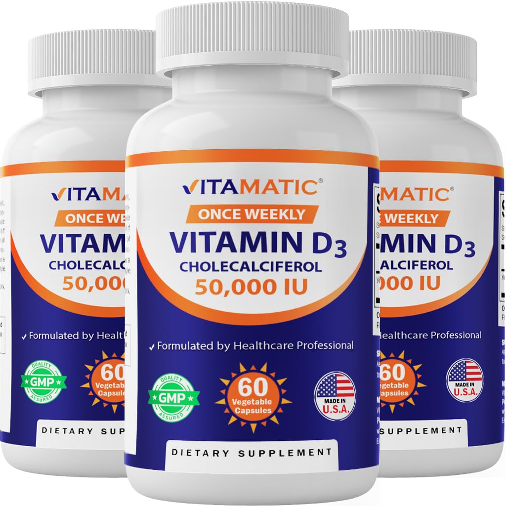 Vitamatic 3 Pack Witamina D3 50 000 j. m. (w postaci Cholekalcyferolu), Dawka raz w tygodniu, 1250 μg, 60 Kapsułek wegetariańskich 1 Rok dostaw, Progressive Formuła Pomocnicza Braki witaminy D