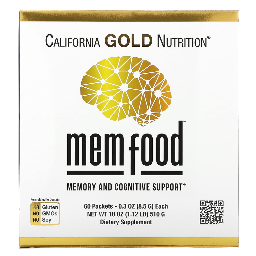 California Gold Nutrition MEM Food, Memory & Cognitive Support with MEM Blend, L- Serine, Organic Lion 's Mane and Blueberry Juice Powder, 60 Pakiety, 0.3 oz (8.5 g) Każdy