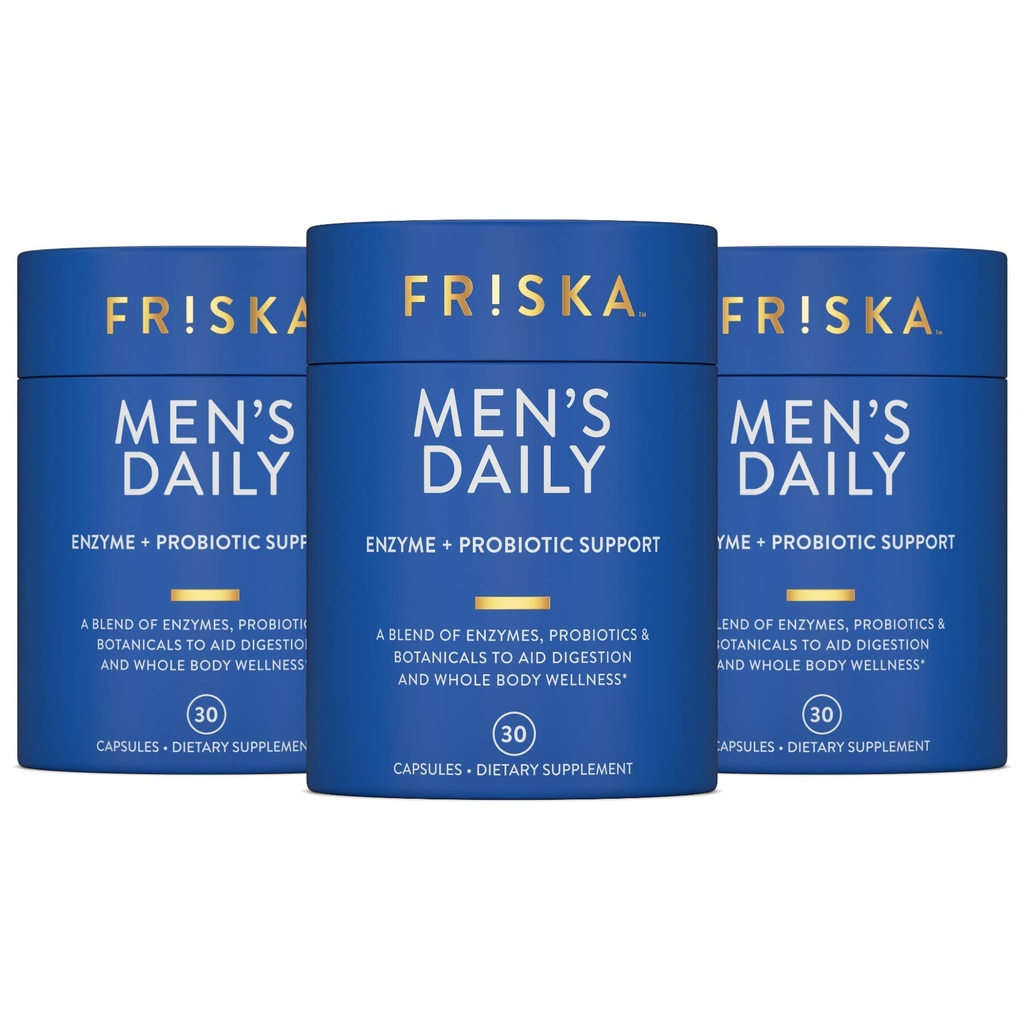 FRISKA Men 's Daily Digestive Enzime and Probiotics Supplement, Natural Support for Mężczyzna Digestive Health, Bloating, Gas, Infersion Relief, Supports Gut Health, Lactase and B- Vitamin, 90 kapsułki