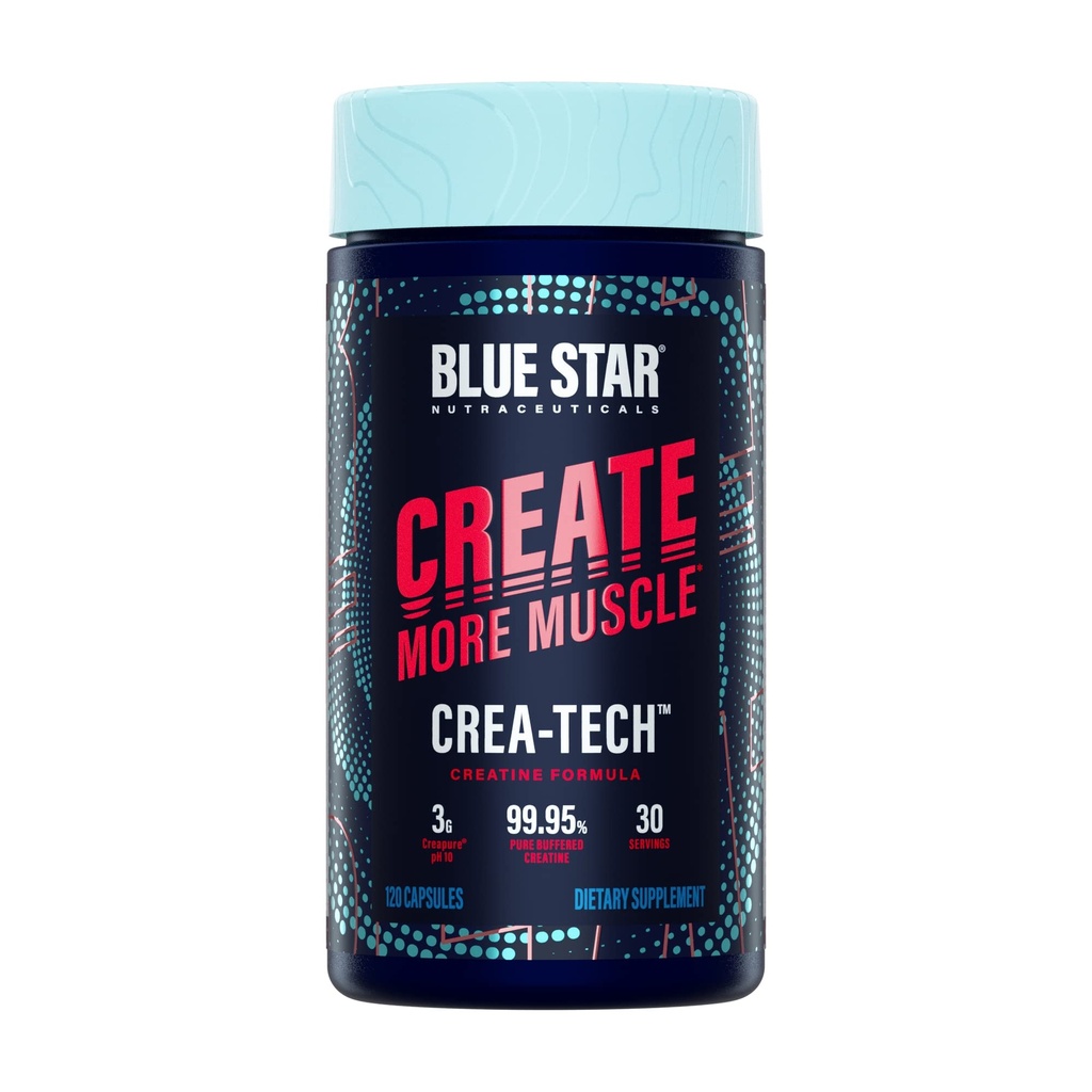 Blue Star Nutraceuticals CREA- TECH - Creapure Creature Monhydrate - w / Electrolytes. Kreatyna + Kapsułki elektrolitów - budować mięśnie i zwiększyć siłę 124; 30 Day Supply - 120 Kapsułki wegetariańskie