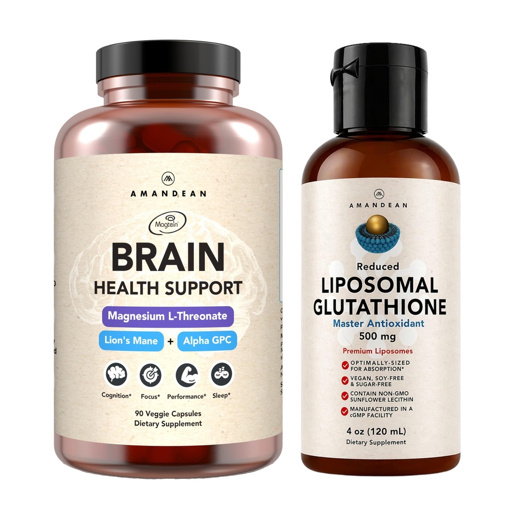 AMANDEAN Premium Brain Health Supplement & Liposomal Glutathione Bundle. Triple Formuła z magnezem L- Threonian, USA- Grown Organic Lion 's Mane 6: 1 Extract, i Alpha- GPC. Wsparcie Cognition, Focus &