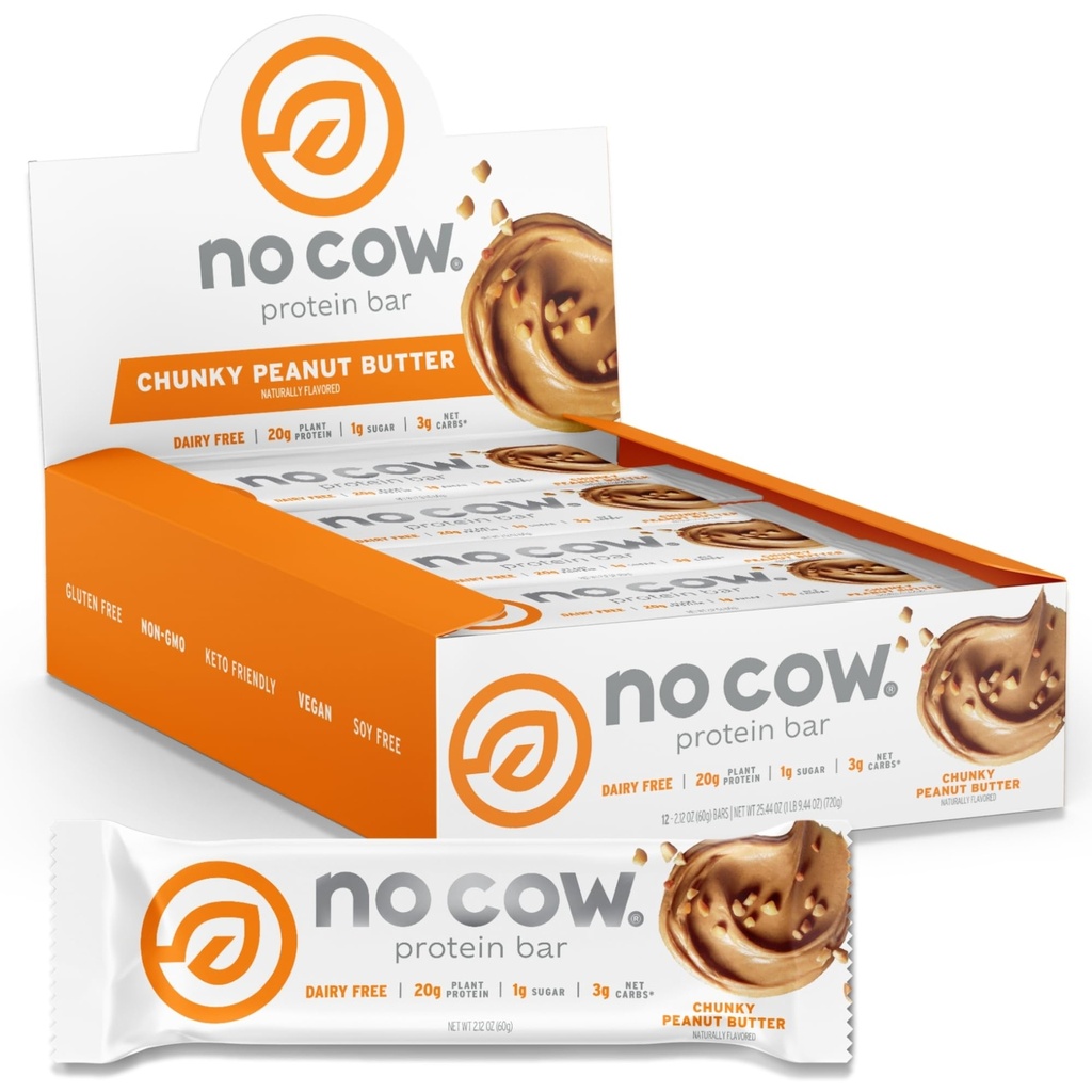 No Cow Vegan Protein Bars, Upgraded Chunky Peanut Butter | 20g Plant Based Protein, Gluten Free, Dairy Free, Soy Free, Keto Friendly, Low Sugar, High Fiber Snack Bars | Pack of 12