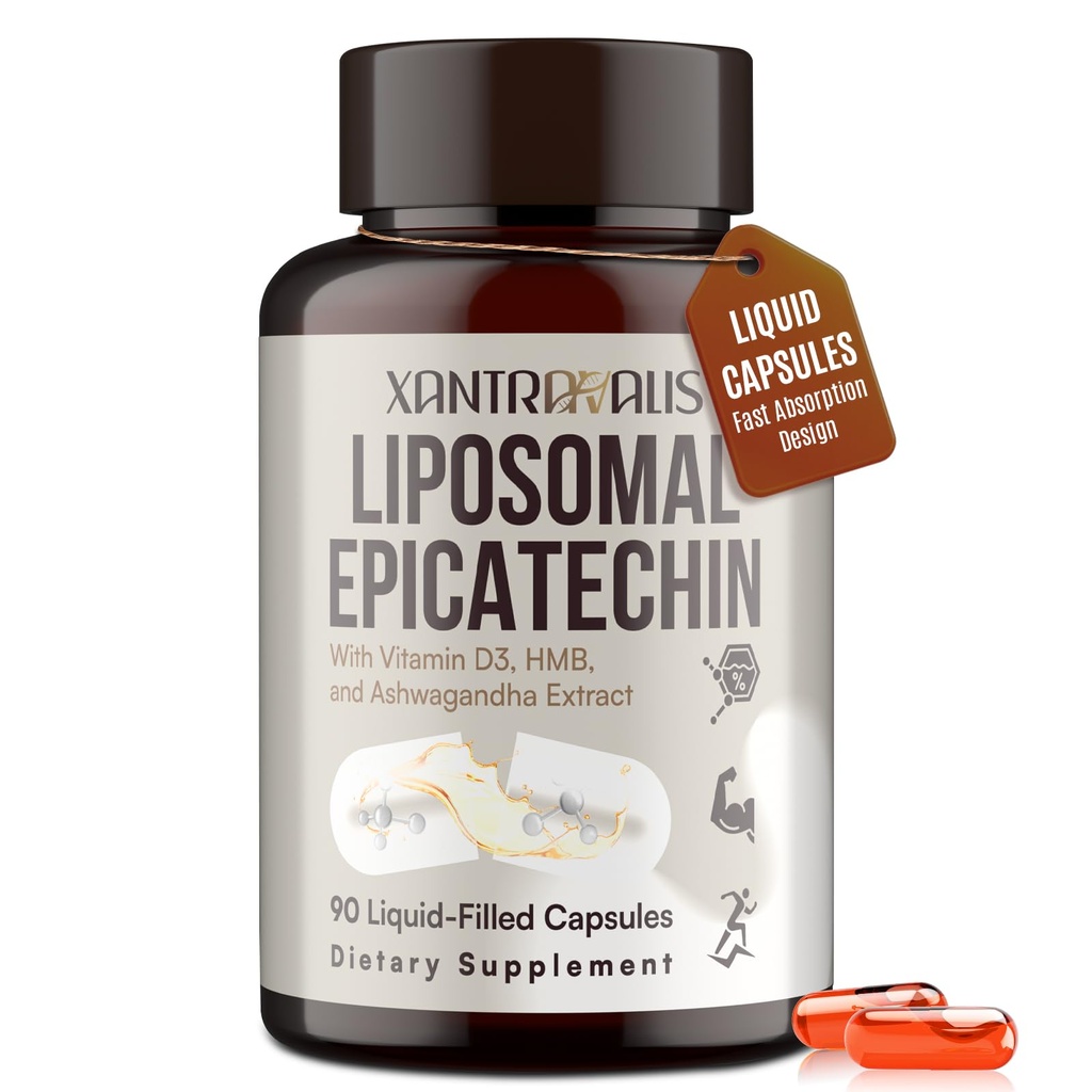 Liposomal Epicatechin Supplement 1200mg - Advanced Formula with Vitamin D3, HMB & Ashwagandha - for Nitric Oxide Production, Strength & Heart - High Absorption,90 Liquid Capsules