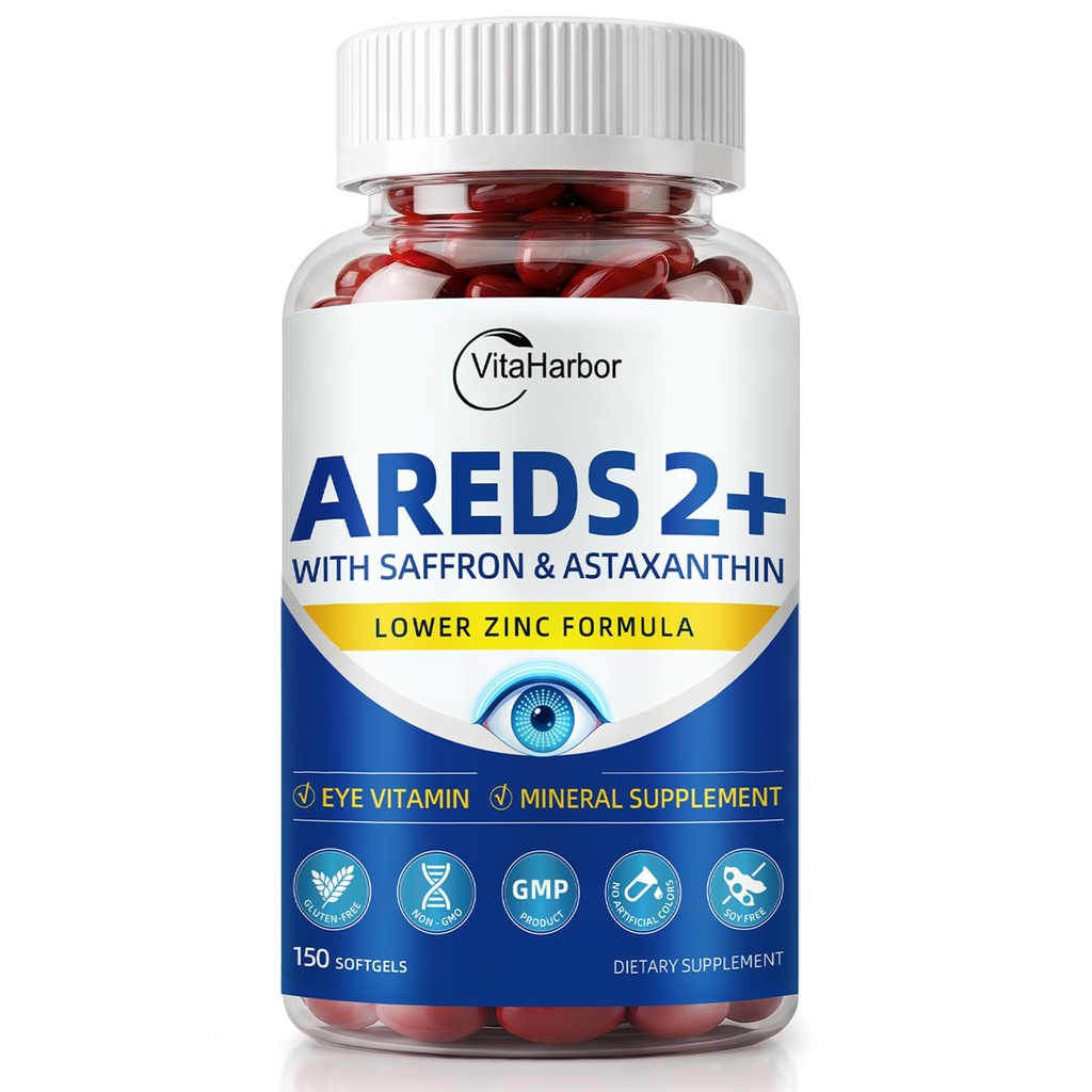 VitaHarbor AREDS 2 Eye Vitamin & Mineral Supplement, Low Zinc Formula, with Vitamin C, Vitamin E, Zinc 25 mg, Copper, Lutein & Zeaxanthin, Eye Health Supplement for Adults, 150 Vegan Softgels