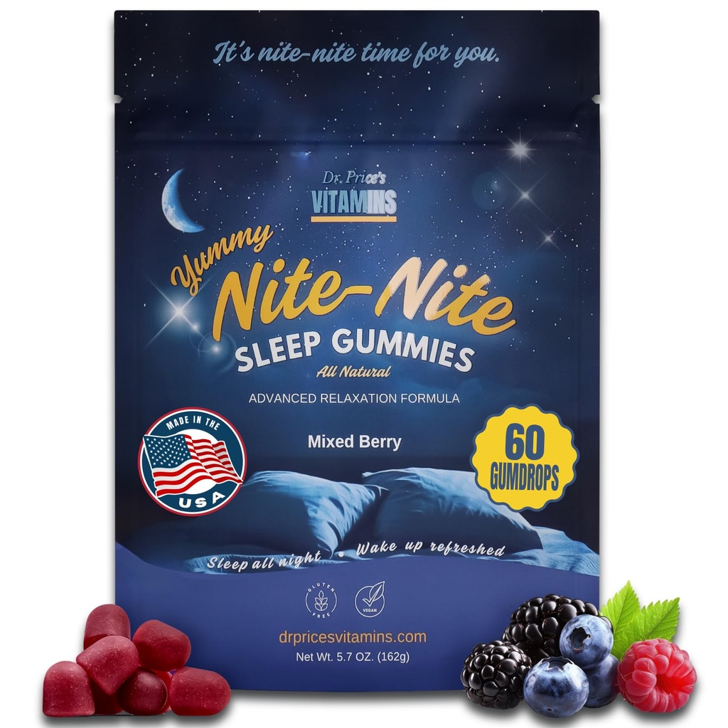 Dr Price Sleep Gummies dla dorosłych - 3 mg Melatonina, L- Theanina, GABA & Mieszanka ziołowa - Mieszany aromat jagodowy, Bezglutenowa Pomoc Sleep - 60 Count