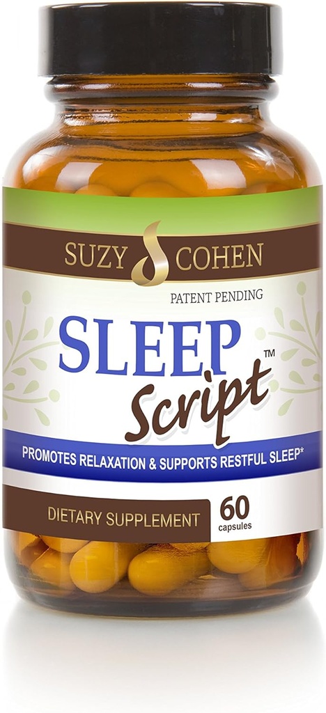 Suzy Cohen Sleep Script z Melatonin - Botaniczny Sleep and Relaxation Formuła dla dorosłych dla nastroju, stresu i snu, Zawiera 5- HTP, L- theanine, Passionflower, Lemon Balm i GABA 60 Kapsułki.
