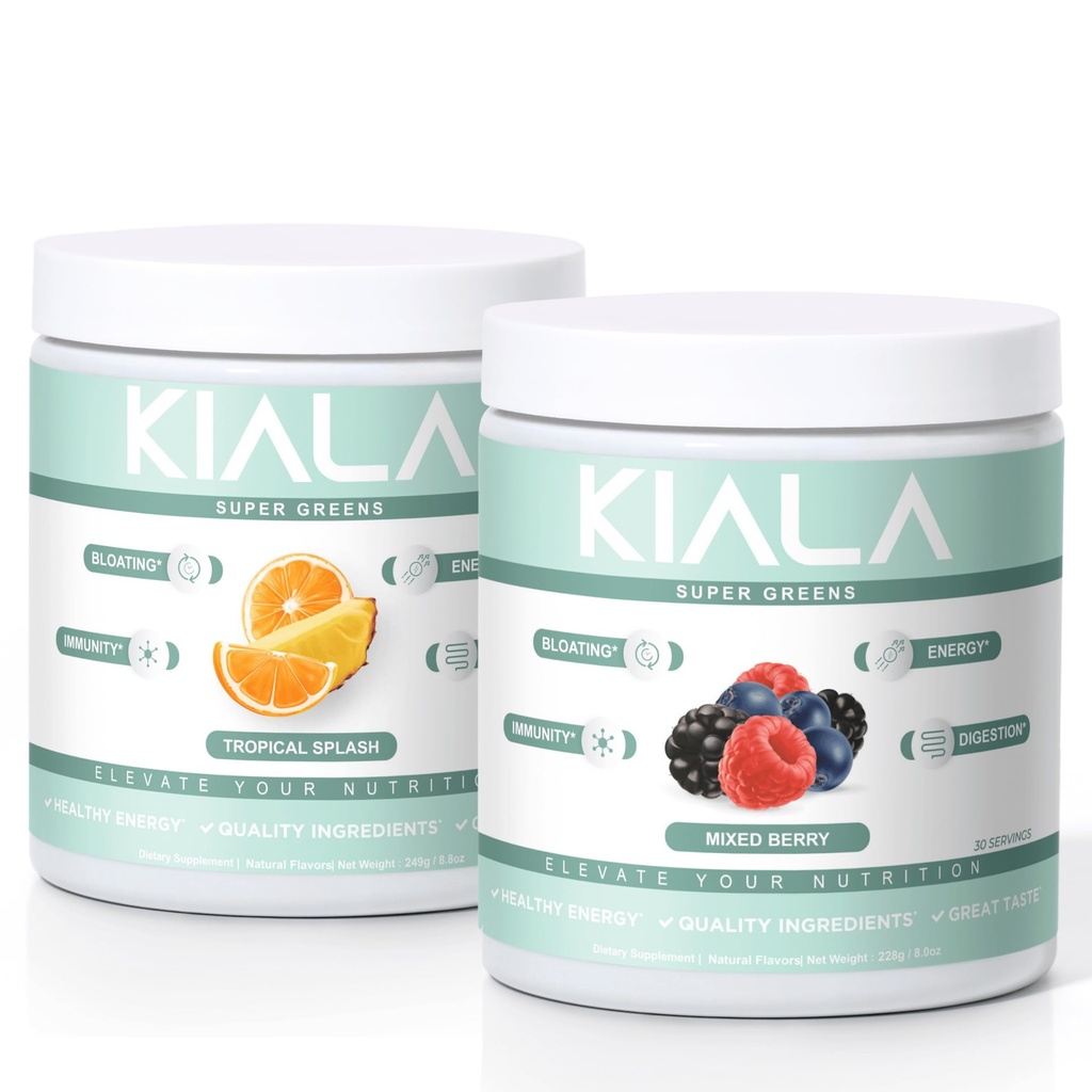 Kiala Nutrition Super Zielone, Organic Zielonych Proszek, Spirulina i Chlorella Superfood Proszek, Cukier i gluten wolny Wegan, Spectra Mieszanka, Tropikalny Slush, Mieszane Berry 2 Pack