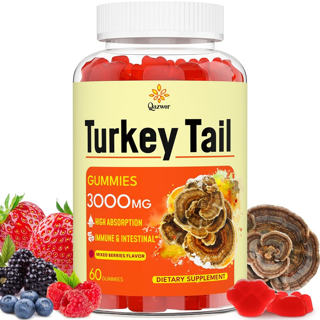 Turcja Grzyb ogonowy, Turcja Ogon (100% Fruiting Body, 40% Beta Glucans) dodać Pieprz czarny, Gummies grzyb dla Gut, Energia, Mózg i wsparcie immunologiczne, Mieszane jagody Flavor 124; Wegan, Non-GMO, 60ct