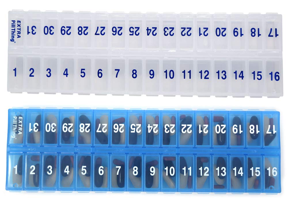 AM PM 31 Day Once- a Day Monthly Pill Planner Organizators - Duże pudełka na tabletki duży zapas leków dla całego miesiąca Plus składu dla dodatkowych tabletek (AM / PM Clear & Blue) BPA Free