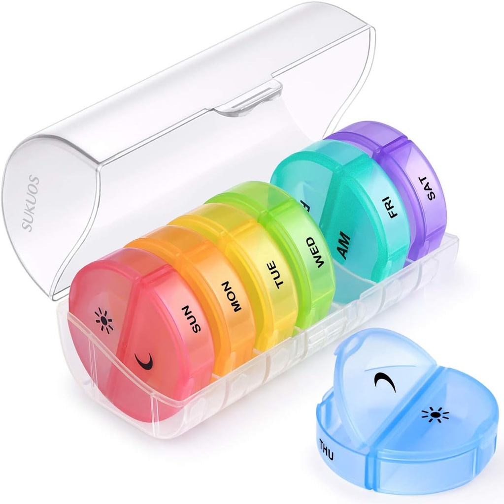 Sukuos Duży Cotygodniowy Pill Organizator 2 razy dziennie, Codzienne Pill Box 7 Dzień Łatwy do otwarcia z podwójną ochroną, AM PM Pill Case for Medicine / Witamina / Olej rybny / Suplementy (Clear)