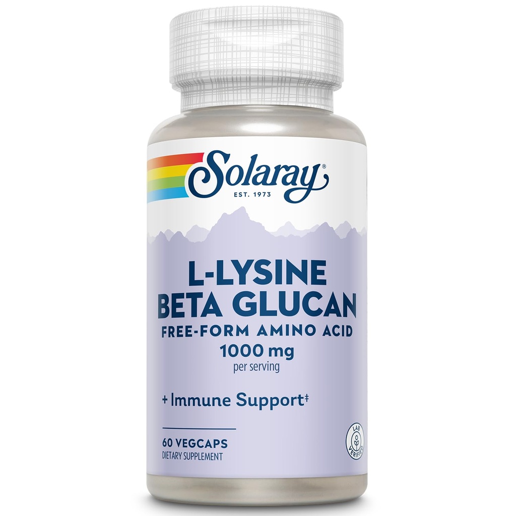 SOLARAY L- Lysine z Beta Glucan, Wolny formularz Amino Acid, L- Lysine 1000mg kapsułki, Suplement immunologiczny, Zdrowa skóra i usta Wsparcie, 60- Day Guarantee, Laboratorium zweryfikowane, 30 Słupki, 60 VegCaps