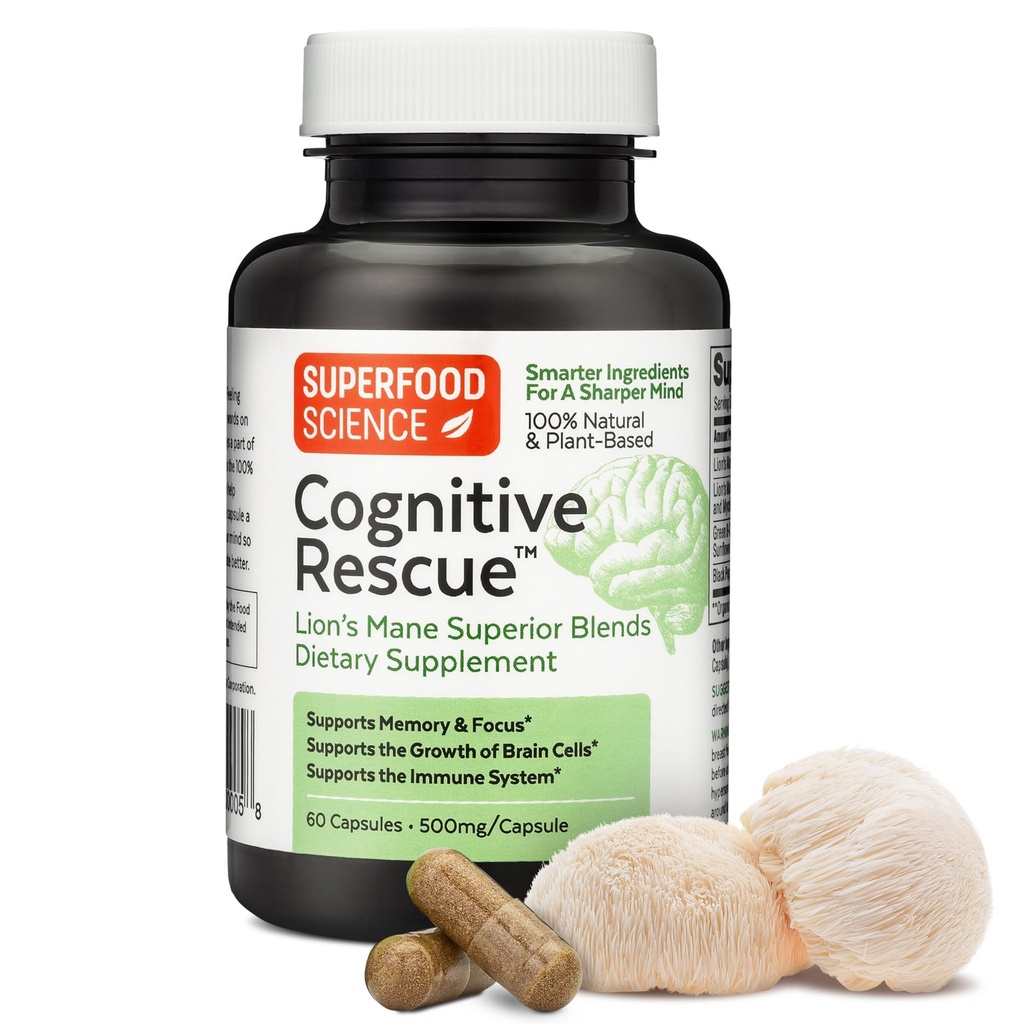 Cognitive Rescue, Lion 's Mane Mushroom Capsules w / Lion' s Mane Dual Extract, Nootropiki, Suplement mózgu dla pamięci i ostrości, Mushroom Immune Support w / B Vitamins Complex, BioPerine, 60 kapsułek
