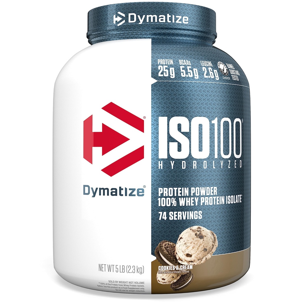 Dimatize ISO100 Proszek proteiny serwatki Isolate, Cookies & Cream, 25g białka, 5 Funt, 5,5 g BCAA, Mniej niż 120 Cal., Gluten Free, 1g tłuszczu, 1 g cukru, 2g Carb (74 Służenie)