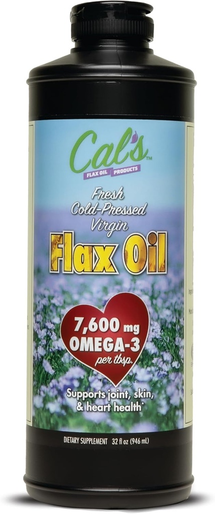 Olej lniany Cal 's, nasiona płatka wyciskanego na zimno, wysokiej zawartości kwasu tłuszczowego Omega 3, nierafinowanego oleju lnianego, czystego oleju lnianego do produkcji oleju do produkcji złączy, skóry i wsparcia zdrowia serca - 32 oz