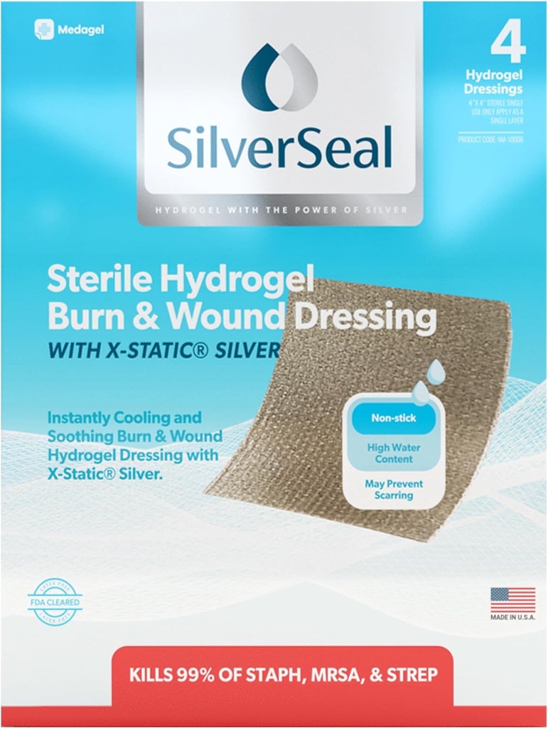 SilverSeal Burn i opatrunek rany 124; Hydrogel Pads z X- Static Silver 124; Soothing, Moist & Protective 124; Burns, cięcia i rany 124; 4 Sterylne opatrunki