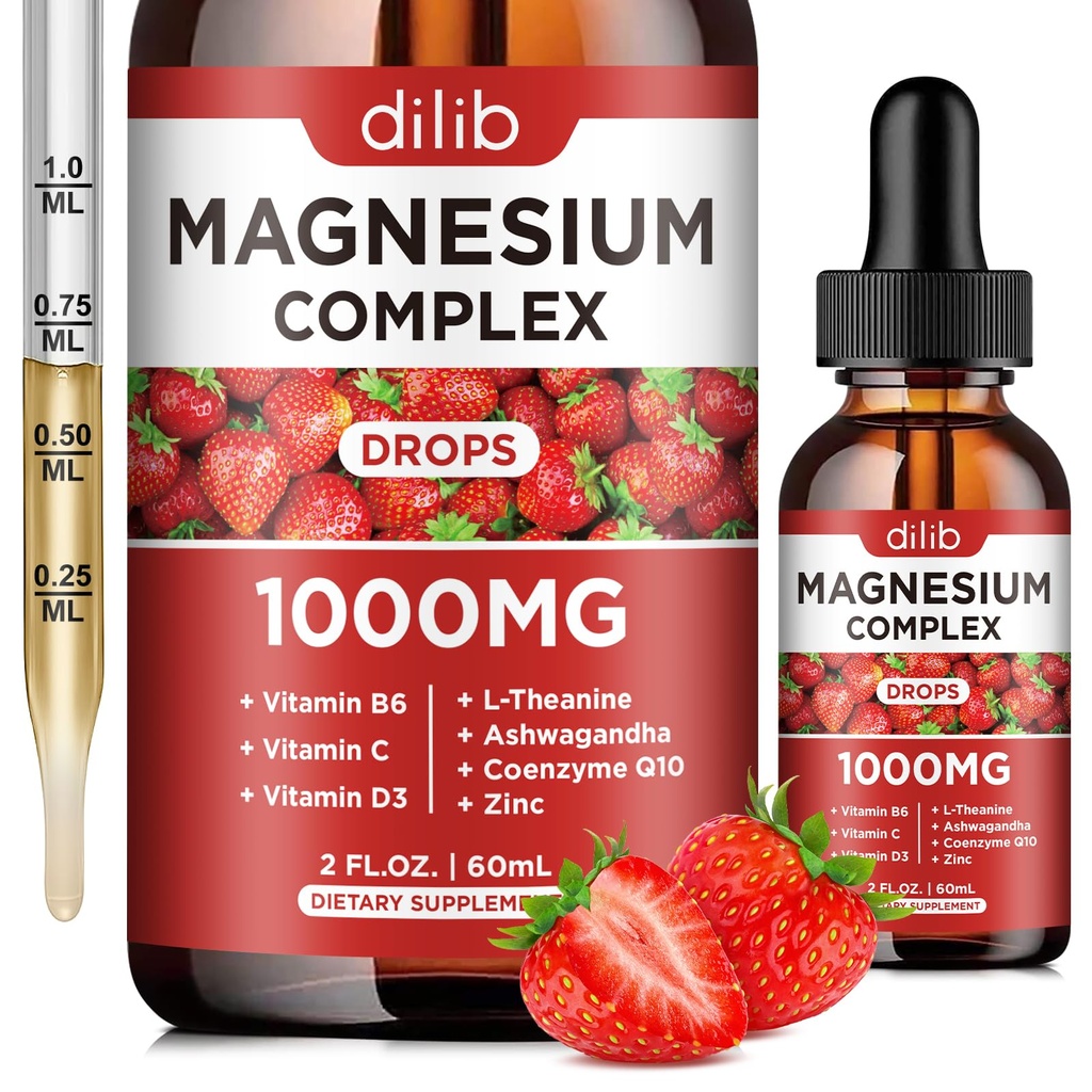 Triple Magnezu Complex Supplement, Magnezu Glycinate, Mieszanka, Cytrate Liquid Drops 1000mg z Ashwagandha, CoQ10, Witamina B6, C, D, Cynk -Support Relief uspokajający, Kości, Mięśnie, Mood Wegan