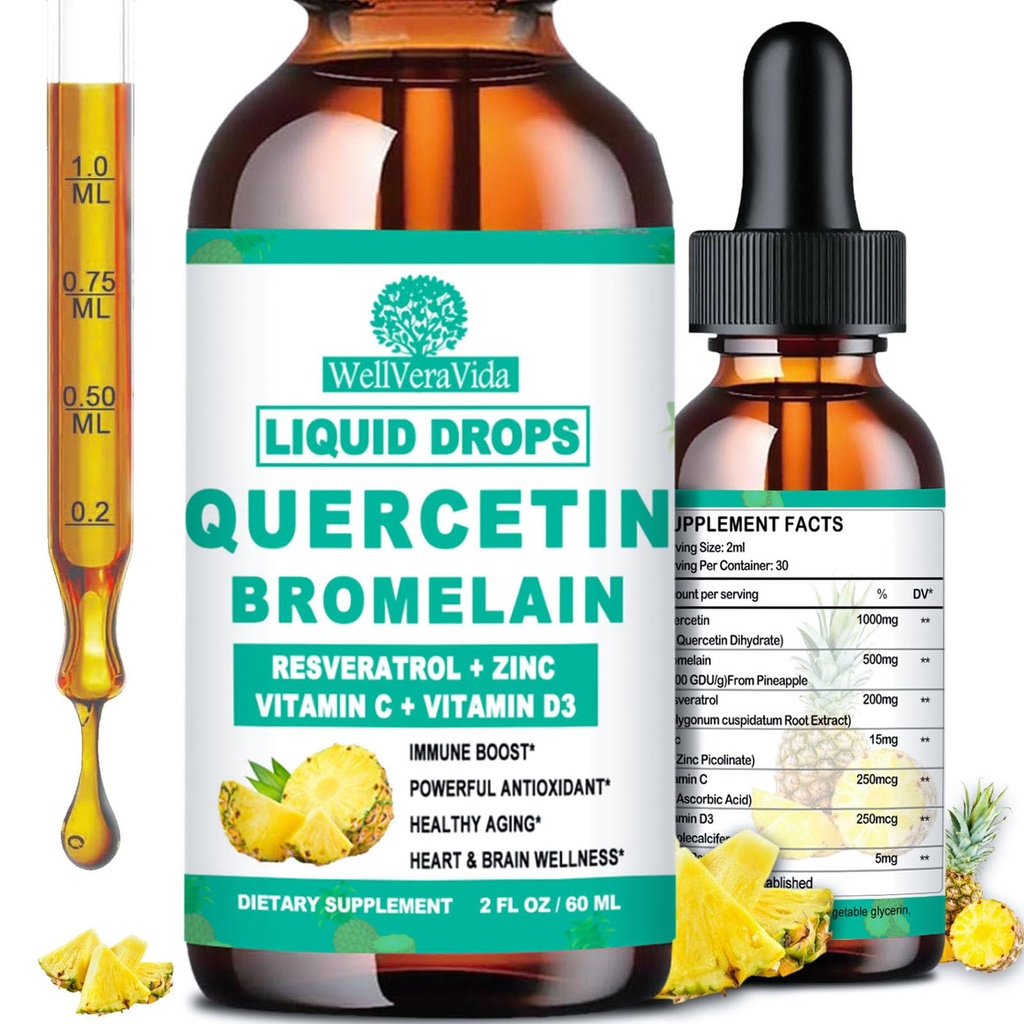 Quercetin z płynami Bromelain Drops, 4X Stronger Than Kapsułki & Tabletki, 7- in-1 Cynk organiczny Quercetin 1000mg z Bromelain 500mg Witamina C D3 immunologiczne wsparcie dla zdrowia układu oddechowego i przeciwutleniacz
