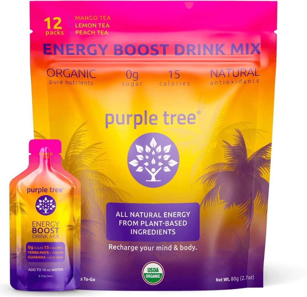 Fioletowe drzewo Organic Energy Stick Pakiety - Zero cukru, 80mg naturalnej kofeiny z Yerba Mate & Guarana, z B12 Witaminy dla Gładkie, Crash- Free Energy - Lemon Moded Tea Flavor, 12 to- Packs