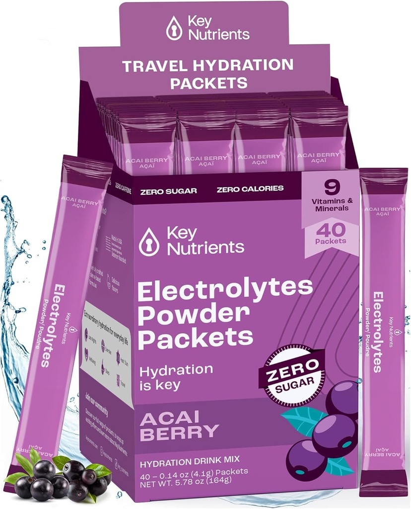 KLUCZOWE NUTRIENTY Multiwitaminowe opakowania proszkowe Electrolytes - Pyszne Acai Berry 40 Pakiety nawadniające - Podróże Hydration Powder - No Sugar, No Calories, Gluten Free - Made in USA