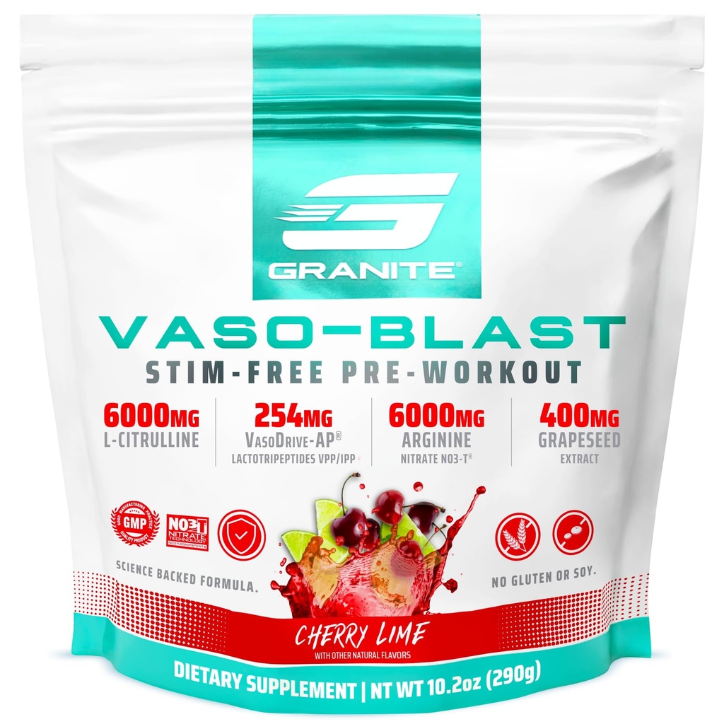 Granitowe suplementy Vaso Blast, Wiśniowy Flavor Lime, Stymulant- Free Pre Workout dla mężczyzn i kobiet z ekstraktem z winogron, Azotyn argininy, & VasoDrive- AP dla Max Pompa (20 Słupki)